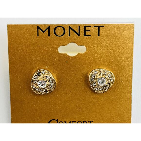 Vintage New on Card Monet Clip On Earrings Gold Tone Swirl Rhinestone JCP Huggie - Picture 1 of 15